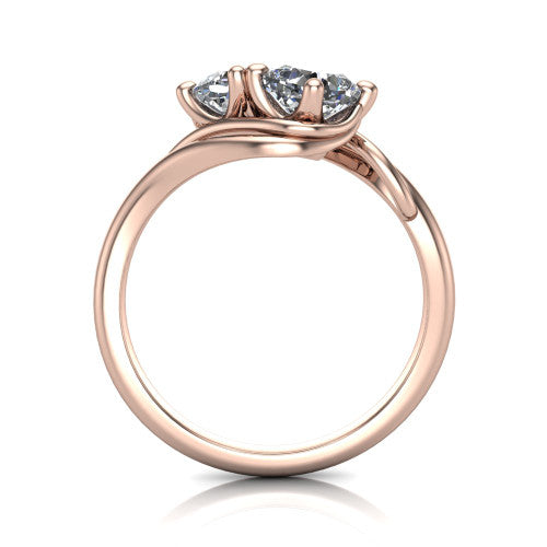 Julianna cushion three stone engagement ring in 14K Rose Gold, through-finger front profile showing the two-stone head and slim plain band