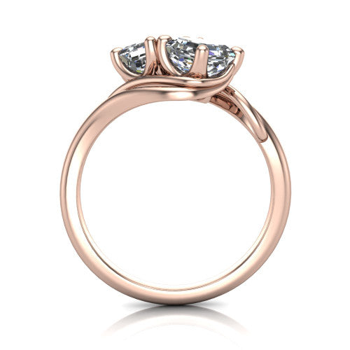 Julianna square emerald three stone engagement ring in 14K Rose Gold, through-finger front profile showing the two-stone head and slim plain band