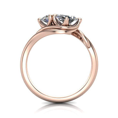 Julianna oval three stone engagement ring in 14K Rose Gold, through-finger front profile showing the two-stone head and slim plain band