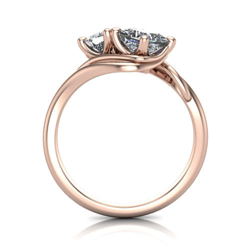 Julianna princess three stone engagement ring in 18K Rose Gold, through-finger front profile showing the two-stone head and slim plain band