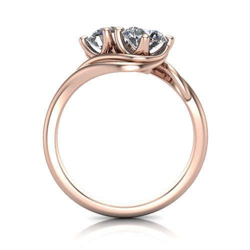 Julianna round three stone engagement ring in 18K Rose Gold, through-finger front profile showing the two-stone head and slim plain band
