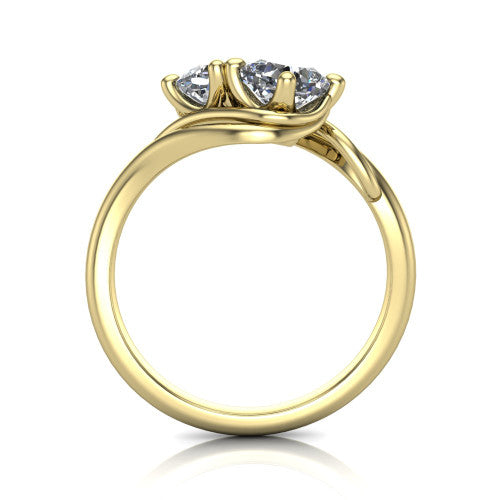 Julianna cushion three stone engagement ring in 14K Yellow Gold, through-finger front profile showing the two-stone head and slim plain band