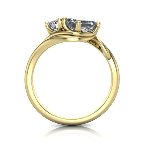 Julianna emerald three stone engagement ring in 14K Yellow Gold, through-finger front profile showing the two-stone head and slim plain band