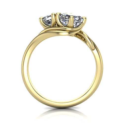 Julianna square emerald three stone engagement ring in 14K Yellow Gold, through-finger front profile showing the two-stone head and slim plain band