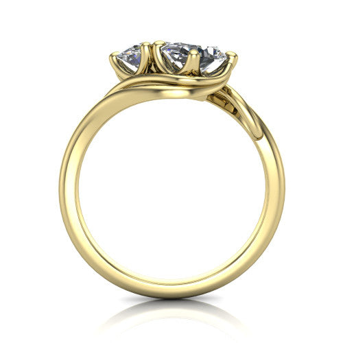 Julianna oval three stone engagement ring in 14K Yellow Gold, through-finger front profile showing the two-stone head and slim plain band
