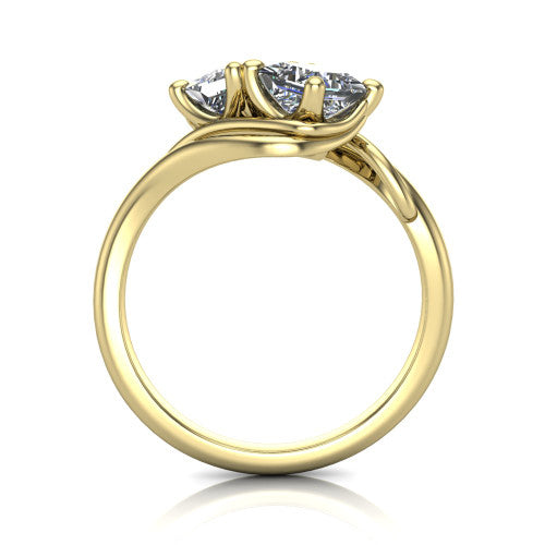 Julianna princess three stone engagement ring in 14K Yellow Gold, through-finger front profile showing the two-stone head and slim plain band