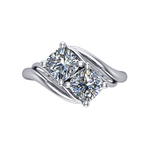 Julianna cushion three stone engagement ring in Platinum, top-down view showing two brilliant cushion-cut diamonds set diagonally in a toi et moi arrangement embraced by polished ribbon shoulders