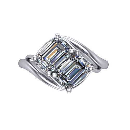 Julianna emerald three stone engagement ring in Platinum, top-down view showing two step-cut emerald diamonds set diagonally in a toi et moi arrangement embraced by polished ribbon shoulders