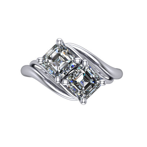 Julianna square emerald three stone engagement ring in Platinum, top-down view showing two step-cut square emerald diamonds set diagonally in a toi et moi arrangement embraced by polished ribbon shoulders