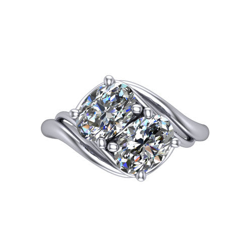 Julianna oval three stone engagement ring in 14K White Gold, top-down view showing two brilliant oval diamonds set diagonally in a toi et moi arrangement embraced by polished ribbon shoulders