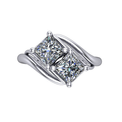 Julianna princess three stone engagement ring in Platinum, top-down view showing two brilliant princess-cut diamonds set diagonally in a toi et moi arrangement embraced by polished ribbon shoulders