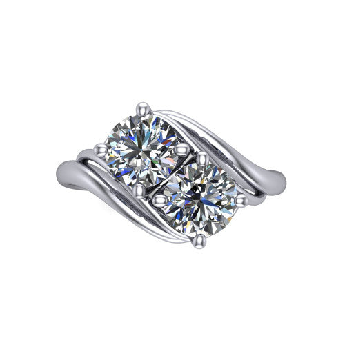Julianna round three stone engagement ring in Platinum, top-down view showing two brilliant round diamonds set diagonally in a toi et moi arrangement embraced by polished ribbon shoulders