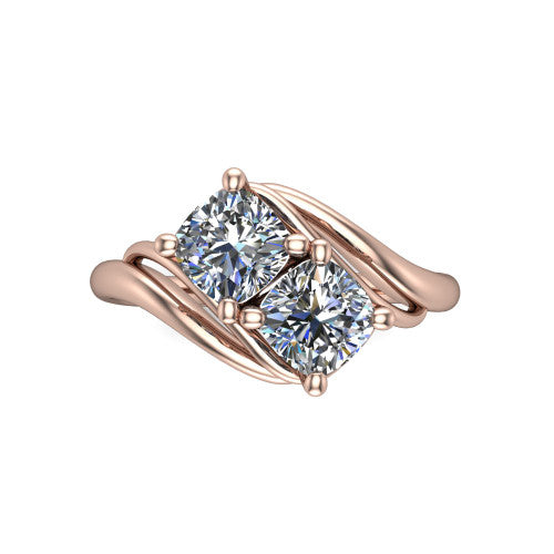 Julianna cushion three stone engagement ring in 14K Rose Gold, top-down view showing two brilliant cushion-cut diamonds set diagonally in a toi et moi arrangement embraced by polished ribbon shoulders