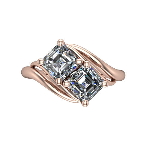 Julianna square emerald three stone engagement ring in 14K Rose Gold, top-down view showing two step-cut square emerald diamonds set diagonally in a toi et moi arrangement embraced by polished ribbon shoulders