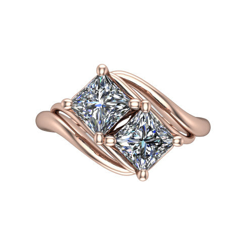 Julianna princess three stone engagement ring in 14K Rose Gold, top-down view showing two brilliant princess-cut diamonds set diagonally in a toi et moi arrangement embraced by polished ribbon shoulders