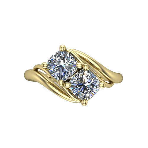 Julianna cushion three stone engagement ring in 14K Yellow Gold, top-down view showing two brilliant cushion-cut diamonds set diagonally in a toi et moi arrangement embraced by polished ribbon shoulders