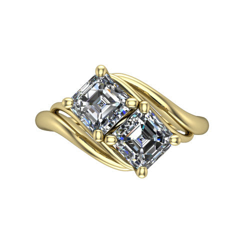 Julianna square emerald three stone engagement ring in 18K Yellow Gold, top-down view showing two step-cut square emerald diamonds set diagonally in a toi et moi arrangement embraced by polished ribbon shoulders