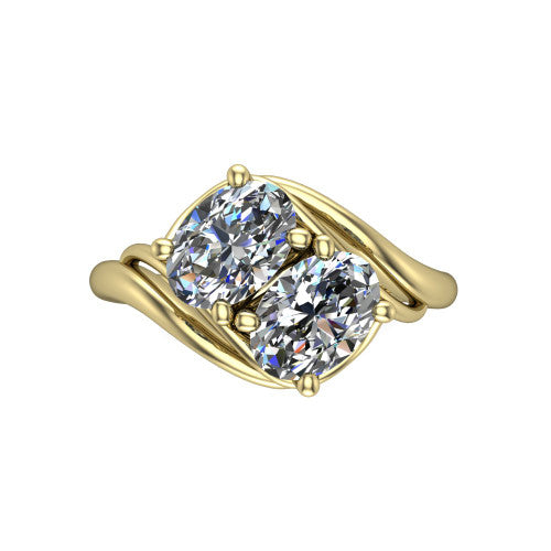 Julianna oval three stone engagement ring in 18K Yellow Gold, top-down view showing two brilliant oval diamonds set diagonally in a toi et moi arrangement embraced by polished ribbon shoulders