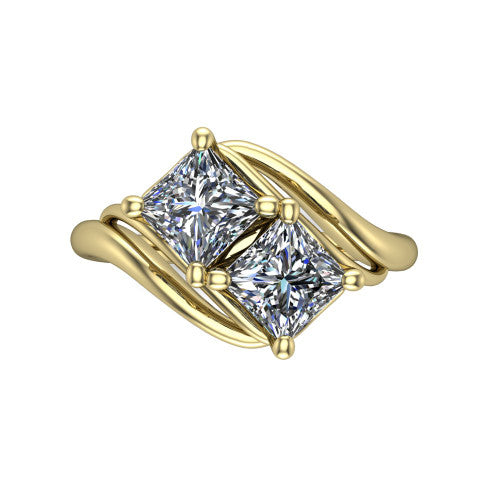 Julianna princess three stone engagement ring in 14K Yellow Gold, top-down view showing two brilliant princess-cut diamonds set diagonally in a toi et moi arrangement embraced by polished ribbon shoulders