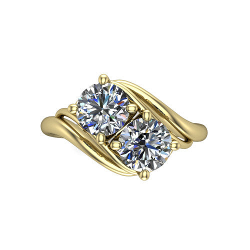 Julianna round three stone engagement ring in 14K Yellow Gold, top-down view showing two brilliant round diamonds set diagonally in a toi et moi arrangement embraced by polished ribbon shoulders