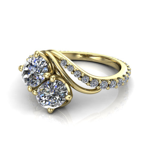 Gwen oval three stone engagement ring in 14K Yellow Gold, three-quarter perspective showing two brilliant oval diamonds set diagonally on a pave wraparound shank with bypass curving shoulders