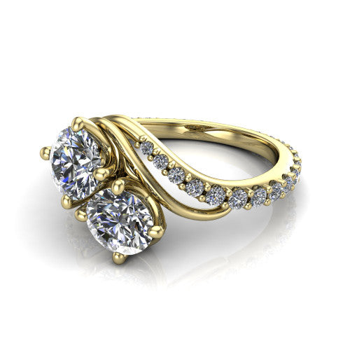 Gwen round three stone engagement ring in 14K Yellow Gold, three-quarter perspective showing two brilliant round diamonds set diagonally on a pave wraparound shank with bypass curving shoulders