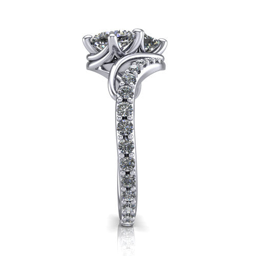Gwen cushion three stone engagement ring in 18K White Gold, side profile showing the bypass curving shoulders and pave diamonds wrapping the top and outer sides of the shank