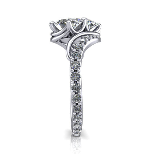 Gwen oval three stone engagement ring in 14K White Gold, side profile showing the bypass curving shoulders and pave diamonds wrapping the top and outer sides of the shank