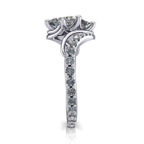 Gwen princess three stone engagement ring in 18K White Gold, side profile showing the bypass curving shoulders and pave diamonds wrapping the top and outer sides of the shank