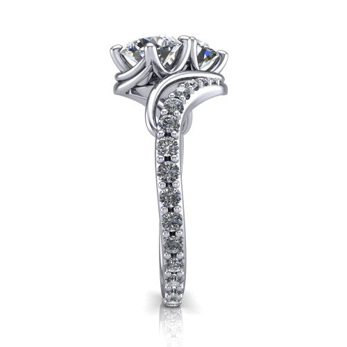Gwen round three stone engagement ring in 18K White Gold, side profile showing the bypass curving shoulders and pave diamonds wrapping the top and outer sides of the shank