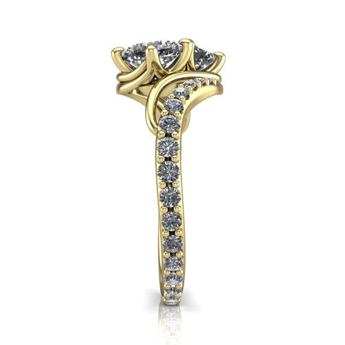 Gwen cushion three stone engagement ring in 14K Yellow Gold, side profile showing the bypass curving shoulders and pave diamonds wrapping the top and outer sides of the shank