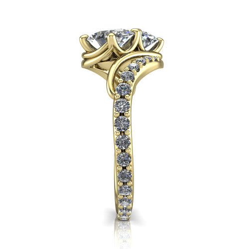 Gwen oval three stone engagement ring in 18K Yellow Gold, side profile showing the bypass curving shoulders and pave diamonds wrapping the top and outer sides of the shank