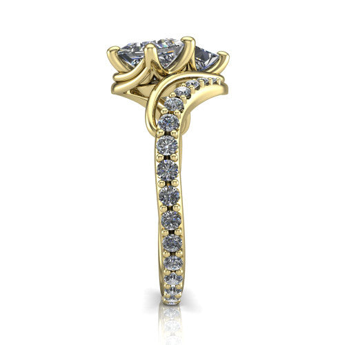 Gwen princess three stone engagement ring in 18K Yellow Gold, side profile showing the bypass curving shoulders and pave diamonds wrapping the top and outer sides of the shank