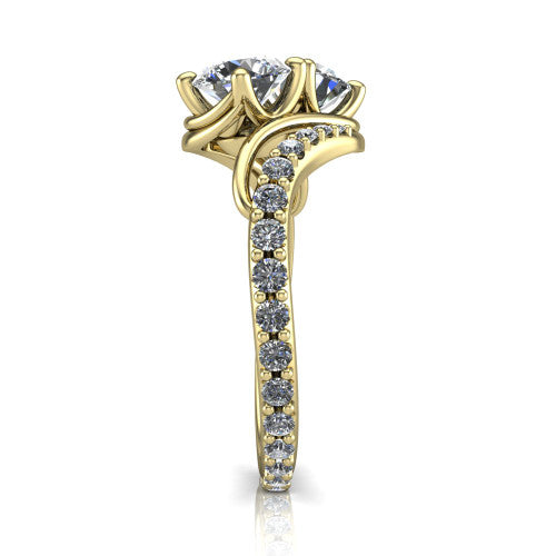 Gwen round three stone engagement ring in 18K Yellow Gold, side profile showing the bypass curving shoulders and pave diamonds wrapping the top and outer sides of the shank
