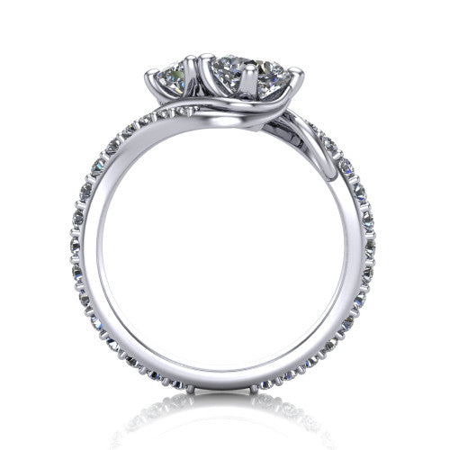 Gwen cushion three stone engagement ring in 14K White Gold, through-finger front profile showing the two-stone head and pave wraparound band