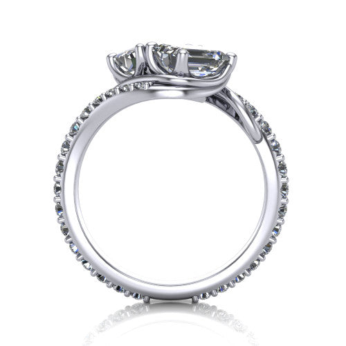 Gwen emerald three stone engagement ring in 18K White Gold, through-finger front profile showing the two-stone head and pave wraparound band