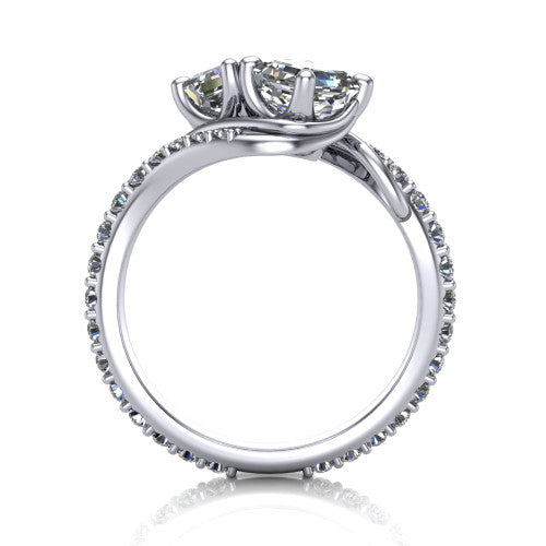 Gwen square emerald three stone engagement ring in 18K White Gold, through-finger front profile showing the two-stone head and pave wraparound band