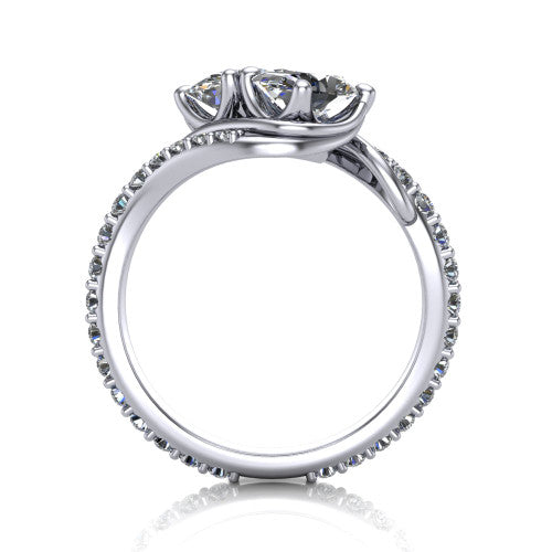 Gwen oval three stone engagement ring in 14K White Gold, through-finger front profile showing the two-stone head and pave wraparound band