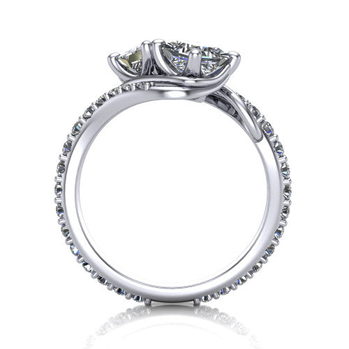 Gwen princess three stone engagement ring in 14K White Gold, through-finger front profile showing the two-stone head and pave wraparound band