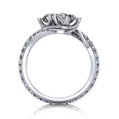 Gwen round three stone engagement ring in 14K White Gold, through-finger front profile showing the two-stone head and pave wraparound band