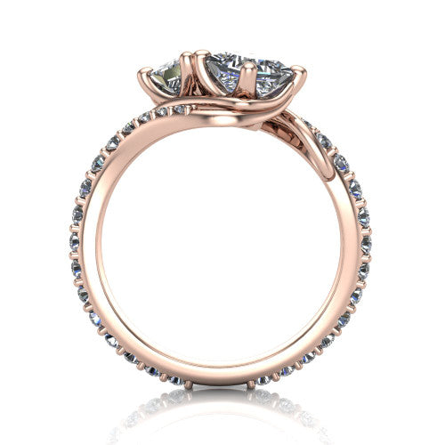 Gwen princess three stone engagement ring in 18K Rose Gold, through-finger front profile showing the two-stone head and pave wraparound band