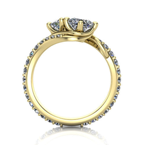 Gwen cushion three stone engagement ring in 14K Yellow Gold, through-finger front profile showing the two-stone head and pave wraparound band