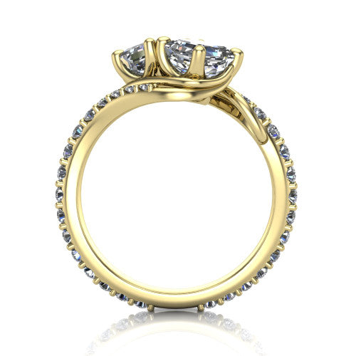 Gwen square emerald three stone engagement ring in 18K Yellow Gold, through-finger front profile showing the two-stone head and pave wraparound band
