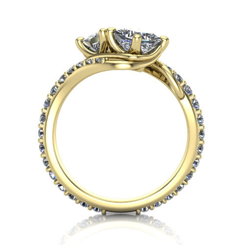 Gwen princess three stone engagement ring in 18K Yellow Gold, through-finger front profile showing the two-stone head and pave wraparound band