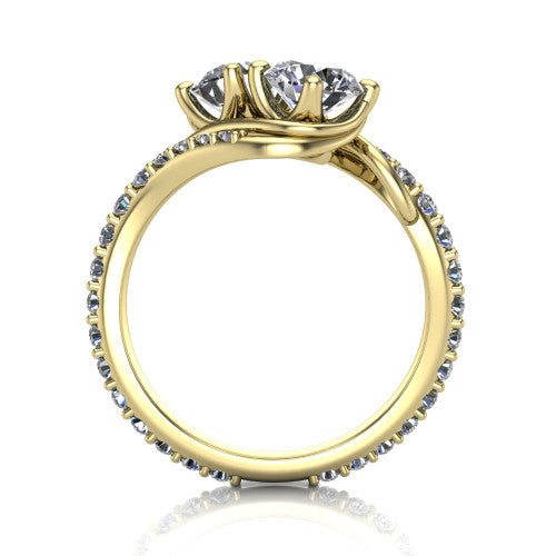 Gwen round three stone engagement ring in 14K Yellow Gold, through-finger front profile showing the two-stone head and pave wraparound band