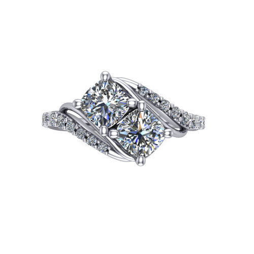 Gwen cushion three stone engagement ring in 14K White Gold, top-down view showing two brilliant cushion-cut diamonds set diagonally in a toi et moi arrangement above the pave wraparound shank