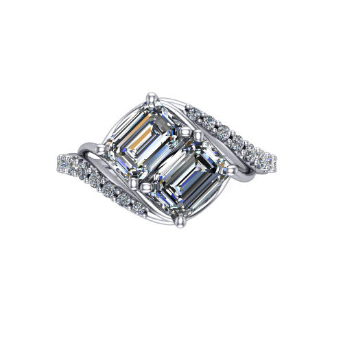 Gwen emerald three stone engagement ring in Platinum, top-down view showing two step-cut emerald diamonds set diagonally in a toi et moi arrangement above the pave wraparound shank
