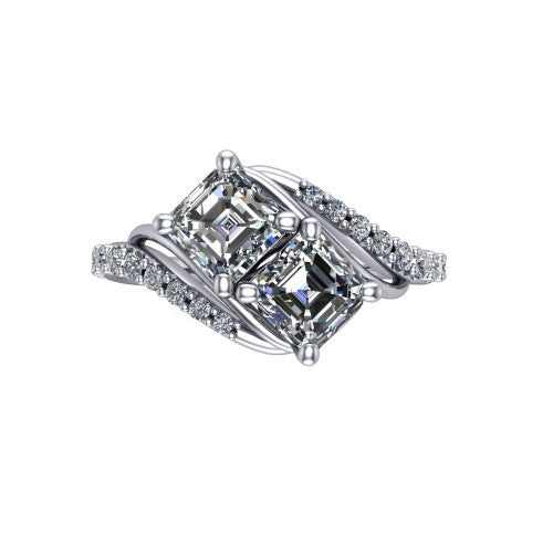 Gwen square emerald three stone engagement ring in 18K White Gold, top-down view showing two step-cut square emerald diamonds set diagonally in a toi et moi arrangement above the pave wraparound shank