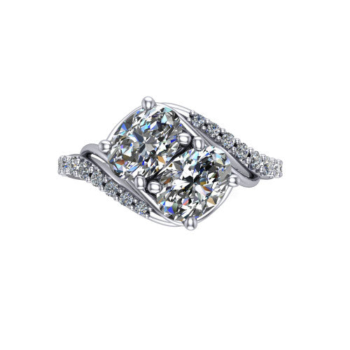 Gwen oval three stone engagement ring in 14K White Gold, top-down view showing two brilliant oval diamonds set diagonally in a toi et moi arrangement above the pave wraparound shank