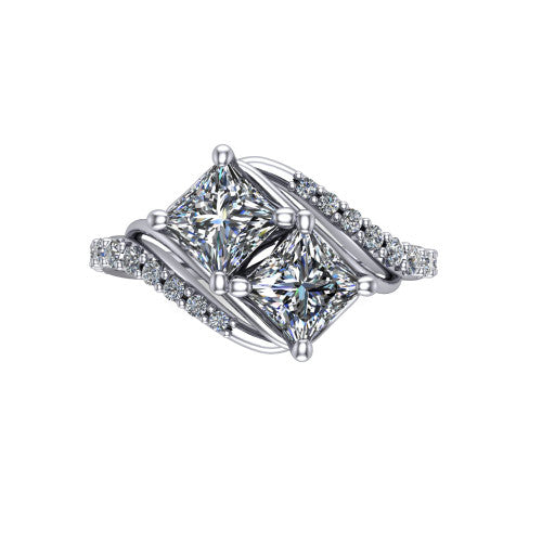 Gwen princess three stone engagement ring in 14K White Gold, top-down view showing two brilliant princess-cut diamonds set diagonally in a toi et moi arrangement above the pave wraparound shank